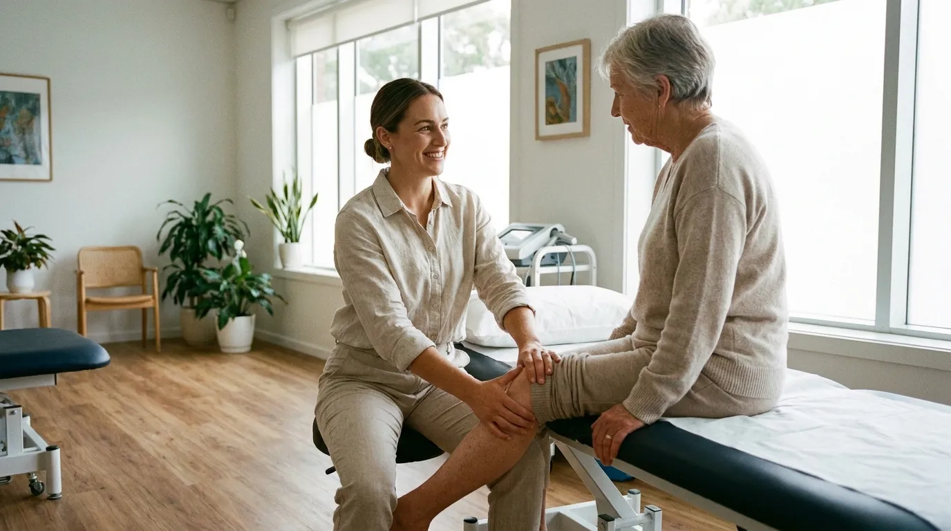 Physiotherapeut untersucht das Kniegelenk einer Patientin in heller Praxis