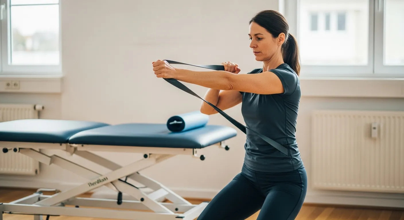 Aktive Schulterübung mit Theraband in der Rehabilitation
