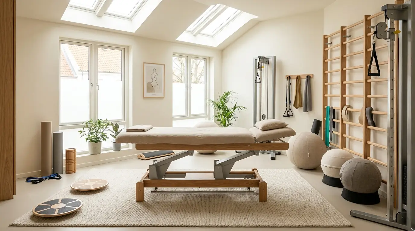 Therapieraum mit Behandlungsliege und Übungsbereich
