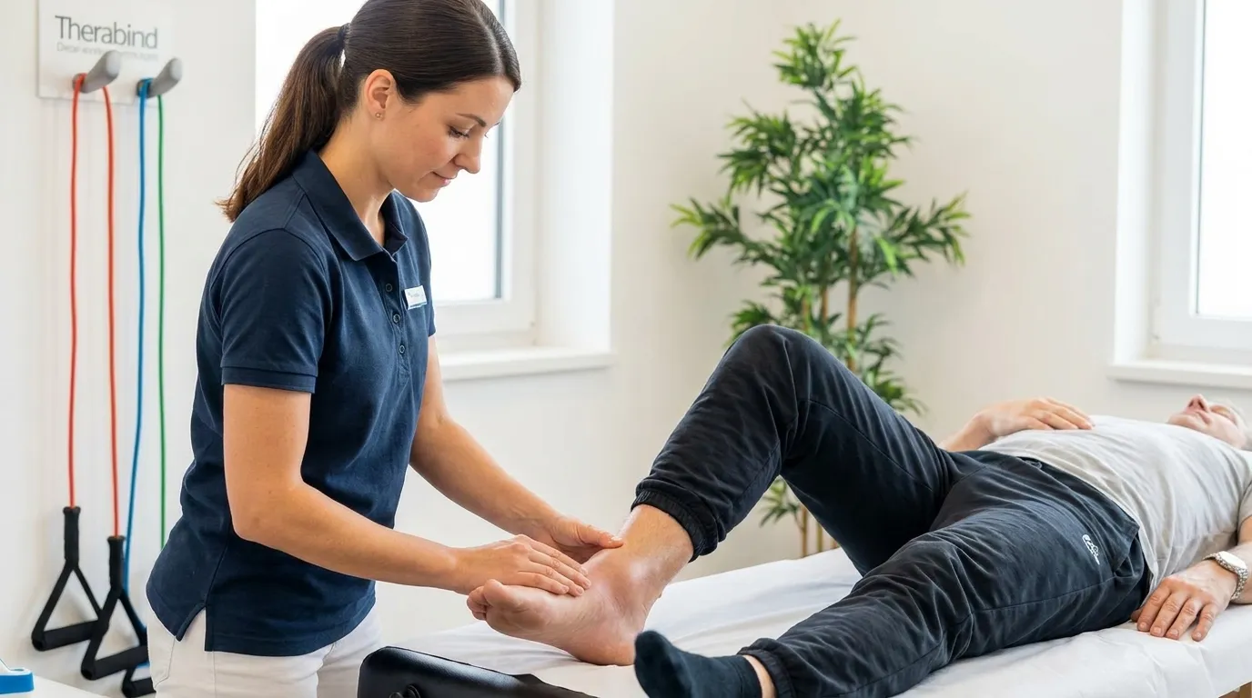 Untersuchung eines geschwollenen Sprunggelenks in einer modernen Physiotherapiepraxis