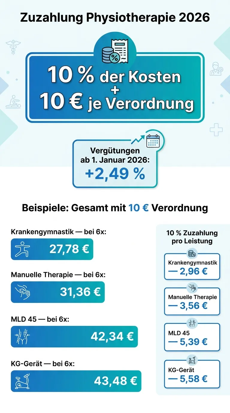 Infografik zu typischen Physiotherapie-Kosten, Zuzahlungen und Beispielrechnungen 2026